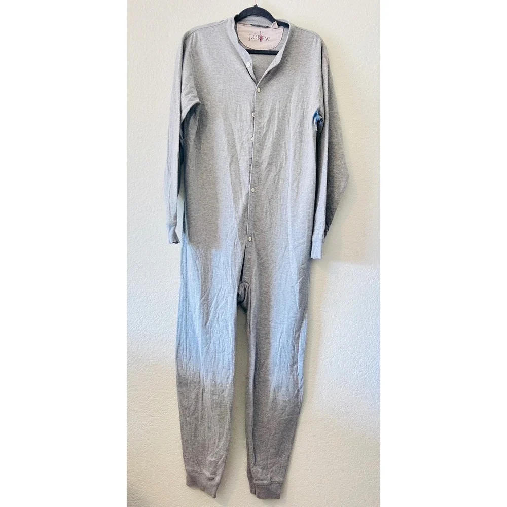 Vintage J Crew Union Suit Gray Cotton‎ Long Sleeve Button Front One Piece SZ L